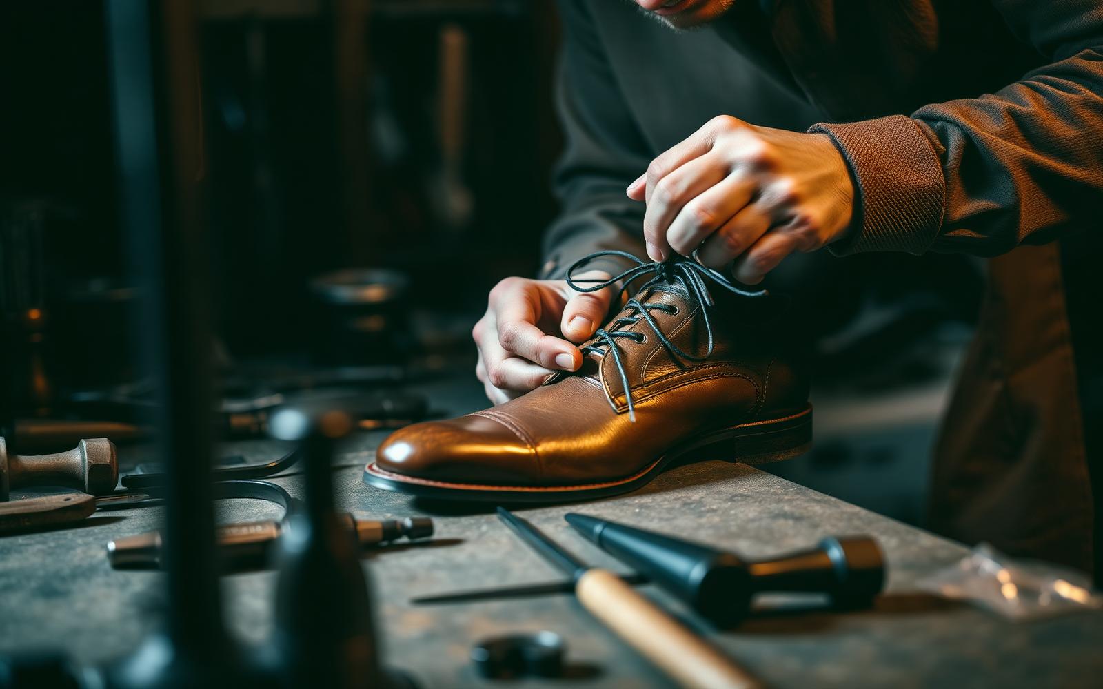 Cobbler hand-stitching a brown leather shoe at the Dawsonario Co. workbench